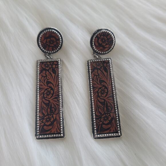 Faux Leather Flower Print Dangle Post Earrings Alloy‎ Silver Plated - Picture 2 of 5